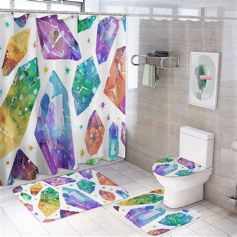 4 Piece Shower Curtain Sets Watercolor Crystals with Starry Night ...