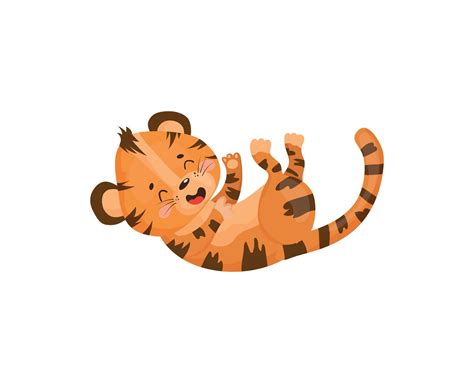 Cute illustration of a cartoon tiger cub lying on its back and playing. Isolated object on a ...