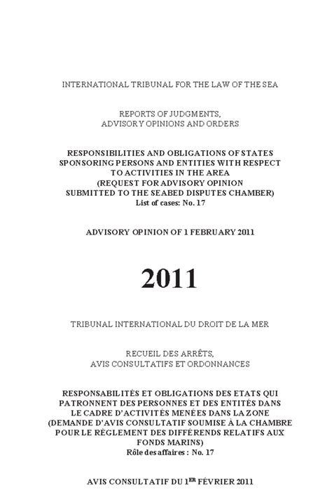 ITLOS 08. Advisory Opinion on State Responsibilities in the Area 2011 ...