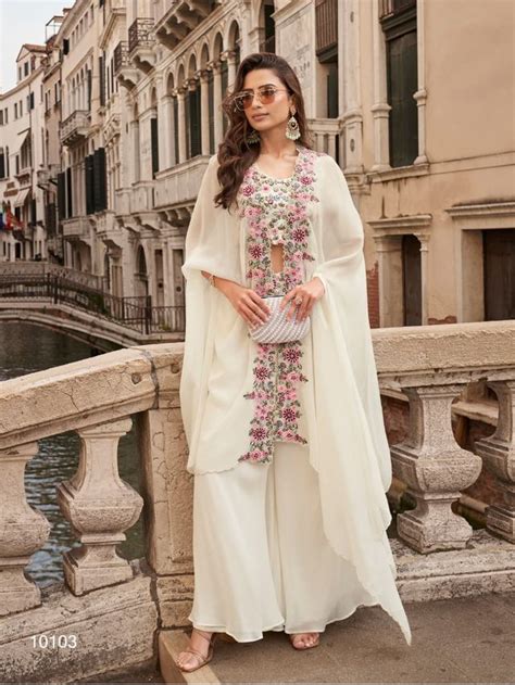 White Chinon Silk Indowestern Crop Top, Skirt And Shrug Set Free Size ...