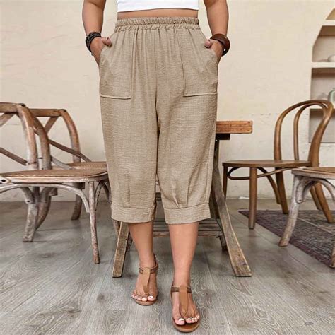 BSDJILFG Capri Pants for Women Plus Size with Pockets,Summer Business Casual Pants,Elastic Waist ...