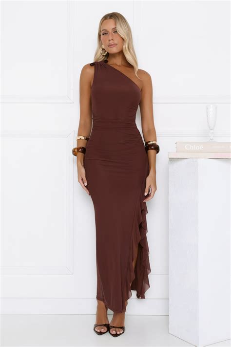 Neon Nectar One Shoulder Mesh Maxi Dress Brown | Hello Molly UK