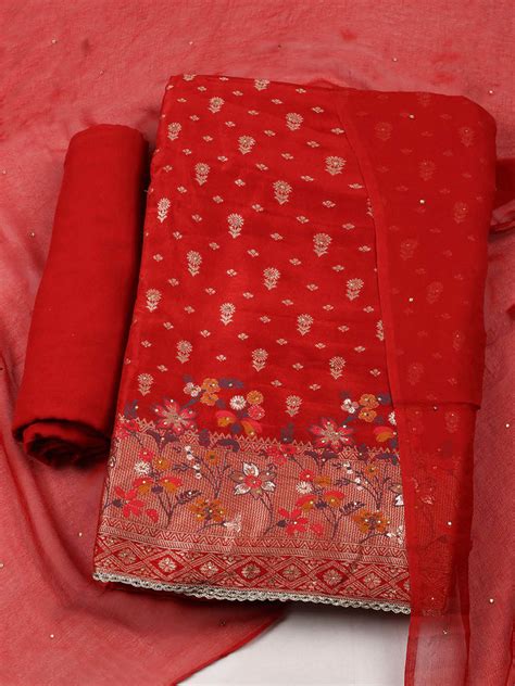 Woven Design Chanderi Unstitched Suit With Pant & Dupatta – mbz.in