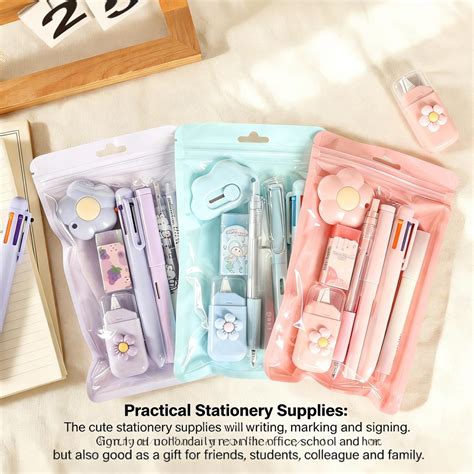 7 PCS Cute Kawaii Blue Stationery Set, Back to School Supplies Kit with Ballpoint Pens ...