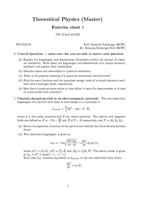 Theoretical Physics (Master) Exercise Sheet 1: Control Questions ...