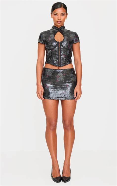 Black PrettyLittleThing Printed Sequin Micro Mini Skirt Co-ords | Boohoo