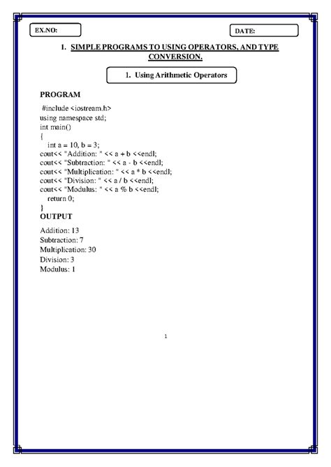 CS25C07 OOP Lab Manual: Simple Programs & Operators - Studocu