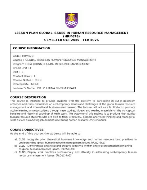 HRM678 Lesson Plan: Global Issues in HRM (Sem Oct 2025 - Feb 2026 ...