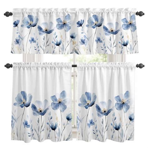 Blue Flowers Kitchen Curtains Valances and Tiers Set of 3 Watercolor ...