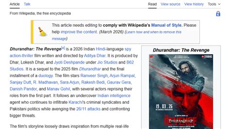 Wikipedia removes propaganda label from Dhurandhar The Revenge page