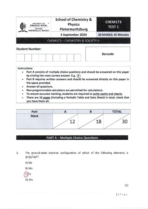 CHEM173 Test 1 Memo - September 2024 - Studocu