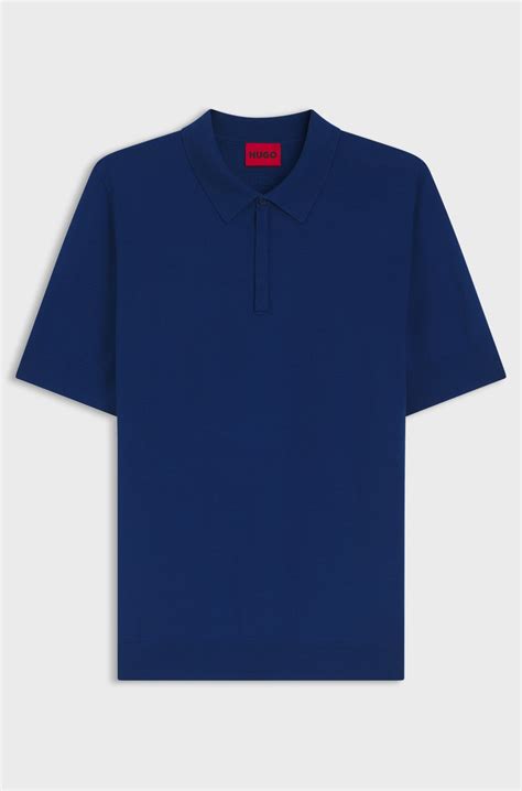 HUGO - Knit polo with covered placket - Blue