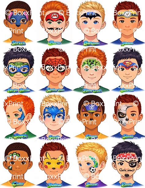 16 Facepainting Menüvorlagen für Jungs – Druckbare Designs mit Text ...