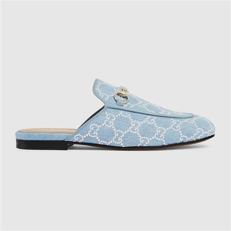 Women's Princetown slipper with pearls in light blue GG denim | GUCCI® QA