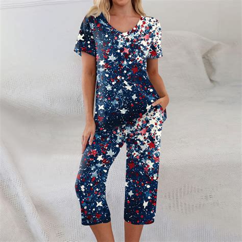 4th of July Pajama Sets for Women 2 Pieces Pajamas Red Blue Star and ...