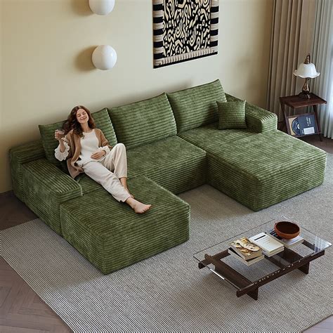 LOVMOR U Shape Deep Seat Modular Sectional Sofa Corduroy Green Couch ...