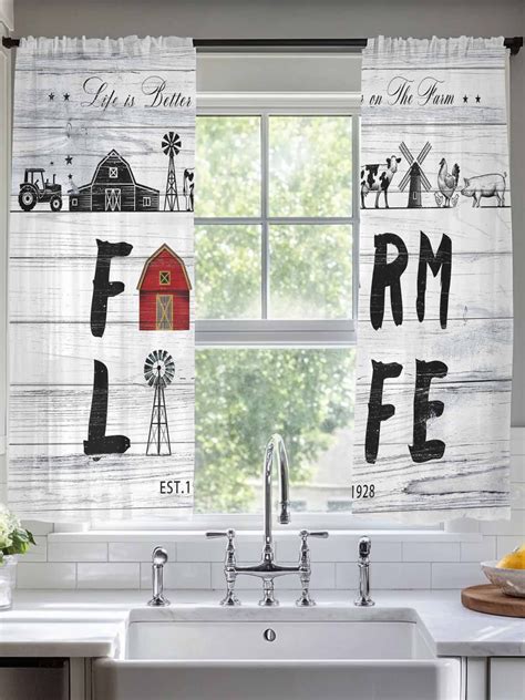 Sheer Curtains 72 Inches Long 2 Panels, Farmhouse Animal Windmill Rod ...