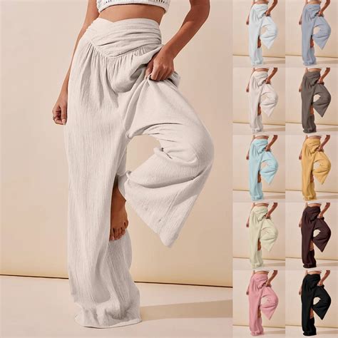 MAOQHI Women's Pants Casual Loose Wide Leg Trousers Elastic Waist Pure ...