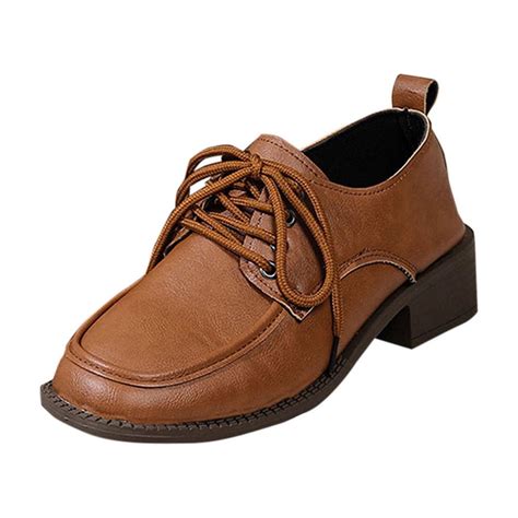 Brown Womens Loafers Low Heel With Square Toe Front Tie Design Chunky ...