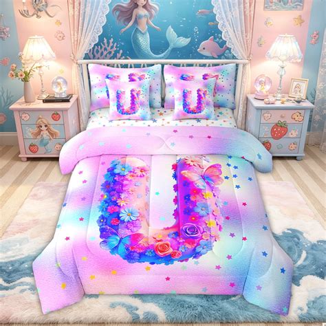 Feelyou 3D Flower Butterfly Letter U Bedding Comforter Set for Girls, Rainbow Stars King Bedding ...