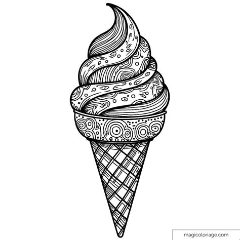 Detailed ice cream cone coloring page with fascinating patterns
