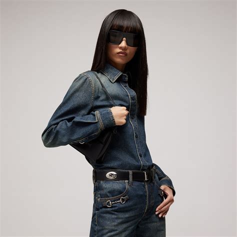 Belt with square buckle in black leather | GUCCI® CH