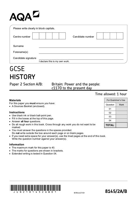 AQA GCSE HISTORY Paper 2 Section A/B:Britain: Power and the people ...
