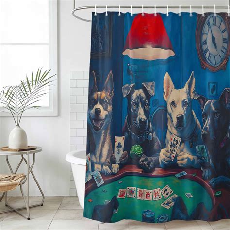 Bathroom Shower Curtain Retro Dog Playing Poker Card Waterproof Shower Curtains with Hooks ...