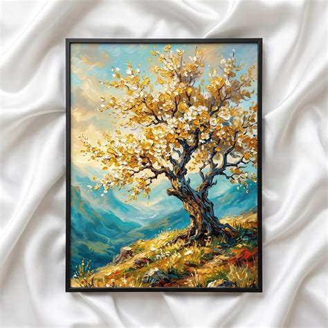 Textured Golden Tree Oil Painting Print, Mountain Landscape Wall Art (digital Download) - Etsy