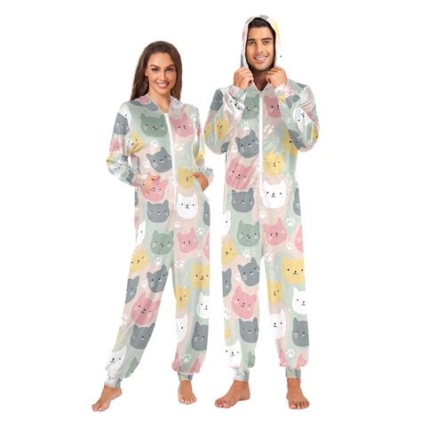 Adult Onesie Cats and Cat Paws Zipper One-Piece Pajamas Unisex with ...