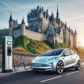 une voiture électrique, une borne de recharge devant un château médiéval. Image 2 de 4