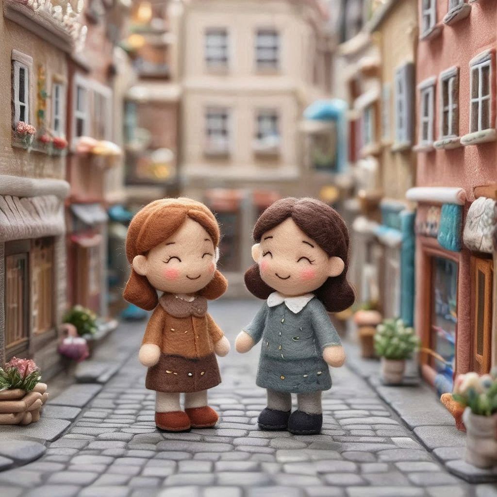 Two female friends made of soft felt stand in a small town center, having a warm, friendly chat. The scene features tiny handcrafted buildings, stitched windows, felt cobblestones, and colorful shopfronts. Their felt hair and clothing have gentle stitched details, and the atmosphere feels cozy and handmade. Soft, even lighting and a calm, welcoming mood define the scene.。第 2 个图像，共 3 个图像