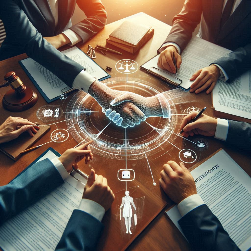 A visual representation of engaging in negotiation and mediation, showing two parties sitting at a table with a mediator facilitating the discussion, legal documents on the table, and a handshake symbolizing agreement. The image should convey collaboration, resolution, and the importance of effective negotiation and mediation in resolving disputes.
