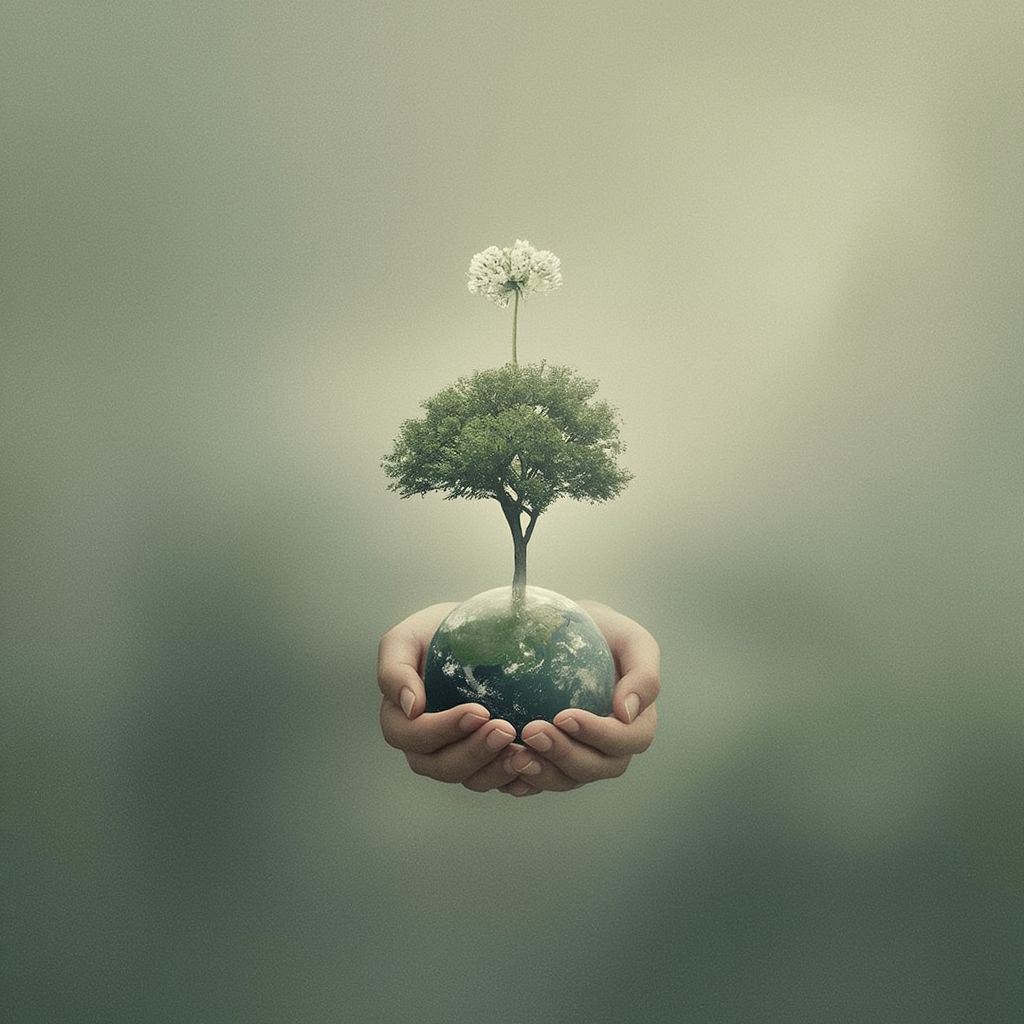 an elegant art‑house style poster featuring a symbolic natural element at the center—such as a lone tree, a blooming flower, or a small planet cradled by hands. Use soft diffused lighting, minimalist composition, and a muted green‑beige palette. Add subtle grain texture, poetic atmosphere. Convey calmness, renewal, and environmental awareness without referencing any existing brands or films。第 2 个图像，共 2 个图像