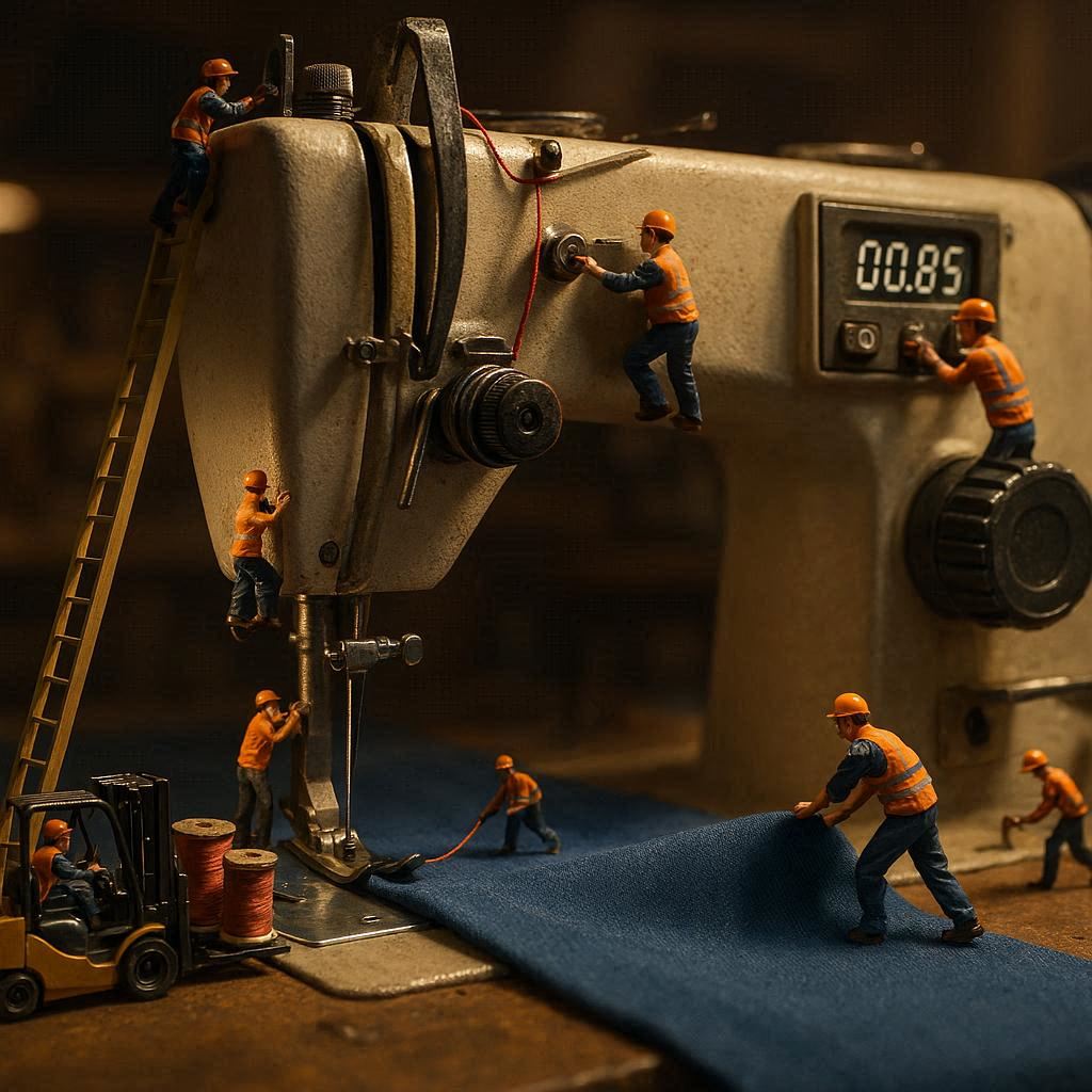 Cinematic macro: massive sewing machine serviced by tiny animated workers in constant motion. Workers climb ladders with red thread, polish parts, adjust displays, and pull blue fabric under the presser foot. Mini forklifts unload spools. Soft workshop lighting, hyper-realistic, dramatic shadows, 2:3 or 16:9.