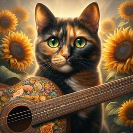 Ethereal, hyper realistic image of short-haired tortoiseshell cat with green/yellow eyes with sunflowers in the background and full guitar with six strings in foreground with cat with Frida Kahlo style. Image 1 of 4