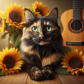 photorealistic photo of a tortoiseshell cat with light green-yellow eyes, sunflowers in the background, and a classical guitar. Image 1 of 4