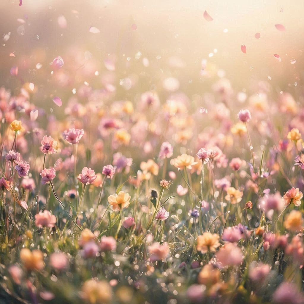 Soft pastel spring meadow filled with blooming wildflowers in pink, peach, and butter‑yellow tones, gentle sunlight diffused through light morning haze, tiny petals drifting in the breeze, shallow depth of field with creamy bokeh, dewy highlights sparkling on grass, serene and airy atmosphere, ultra‑detailed florals, soft motion in leaves and petals, high‑quality photographic style with a peaceful, uplifting spring mood.。第 2 个图像，共 4 个图像