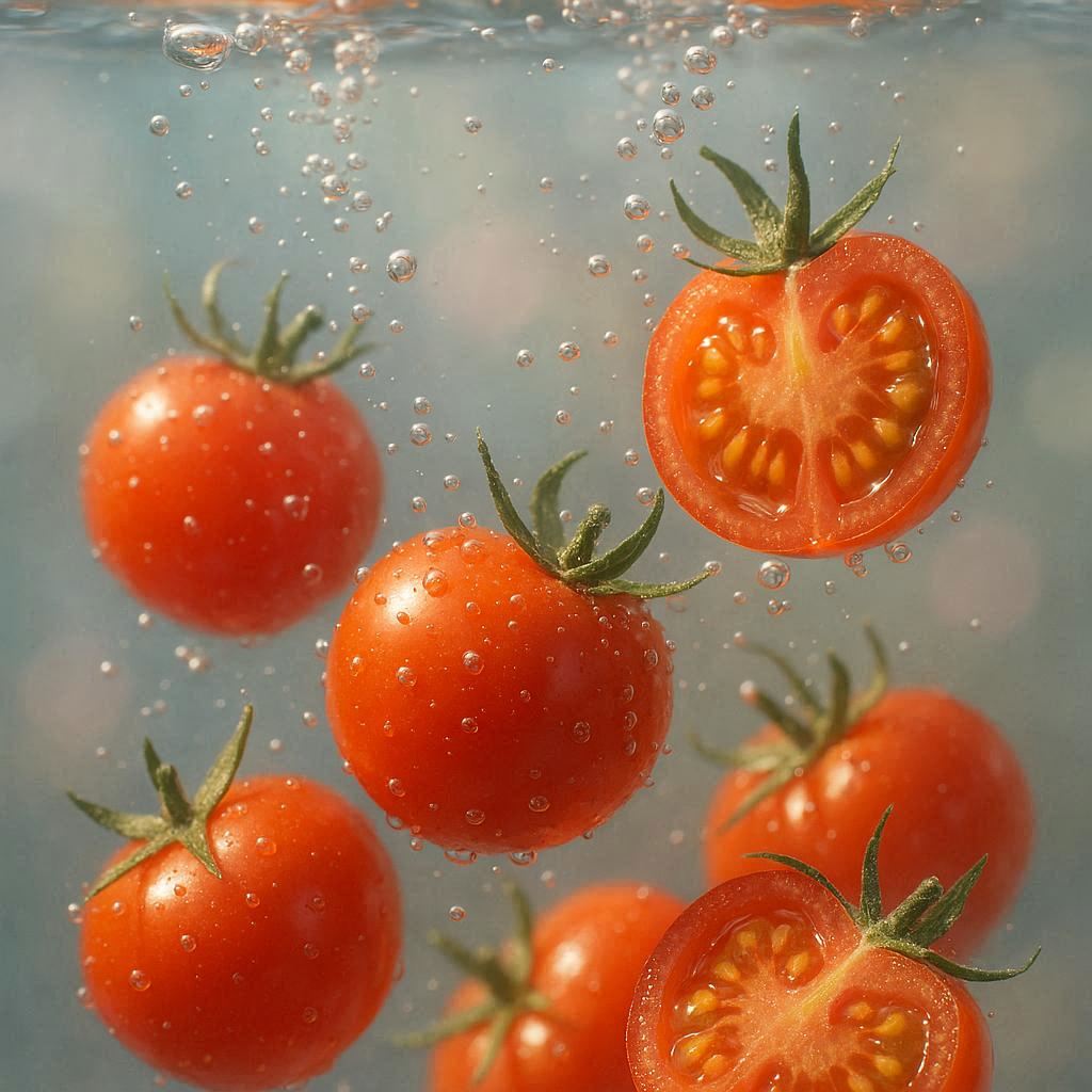 Ultra-photorealistic macro shot of cherry tomatoes sinking underwater, some intact, others cut to reveal texture, air bubbles on skin. Inspired by Guy Bourdin's color and composition. Soft sunlight, pastel bokeh, misty gradients, cinematic framing, realistic light refraction, detailed textures, calm atmosphere.