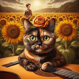Surreal image of short-haired tortoiseshell cat with green/yellow eyes with sunflowers in the background and classical guitar Frida Kahlo style, wide angle. Image 4 of 4