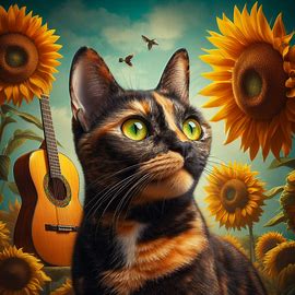 Surreal image of short-haired tortoiseshell cat with green/yellow eyes with sunflowers in the background and classical guitar Frida Kahlo style, wide angle. Image 3 of 4