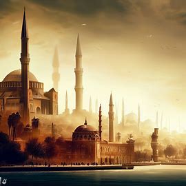Create an image of the skyline of Constantinople during the Ottoman Empire, showing prominent landmarks and the influence of Turkish architecture.. Image 1 of 4