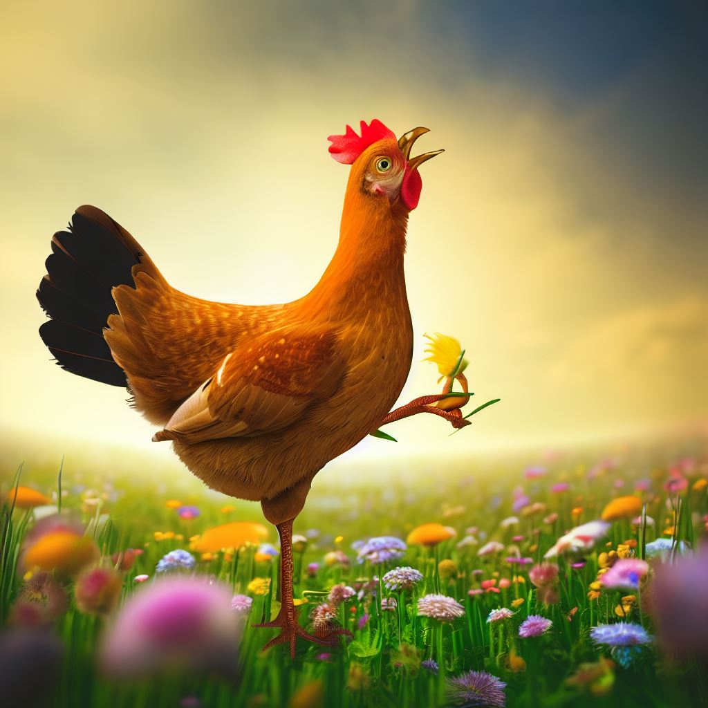 Imagine a chicken standing on one leg and singing in a beautiful meadow surrounded by flowers.