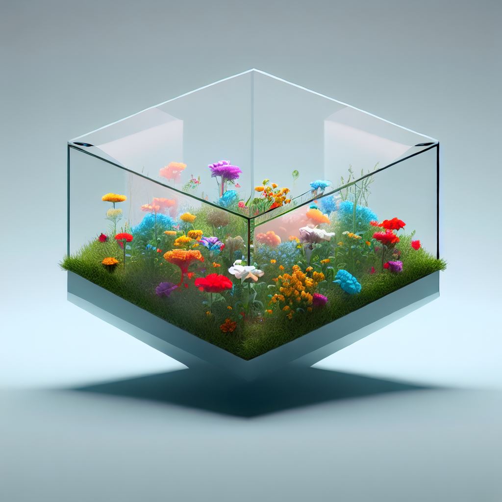 Combine a rectangular prism with a flower garden in an imaginative new way.。第 4 个图像，共 4 个图像