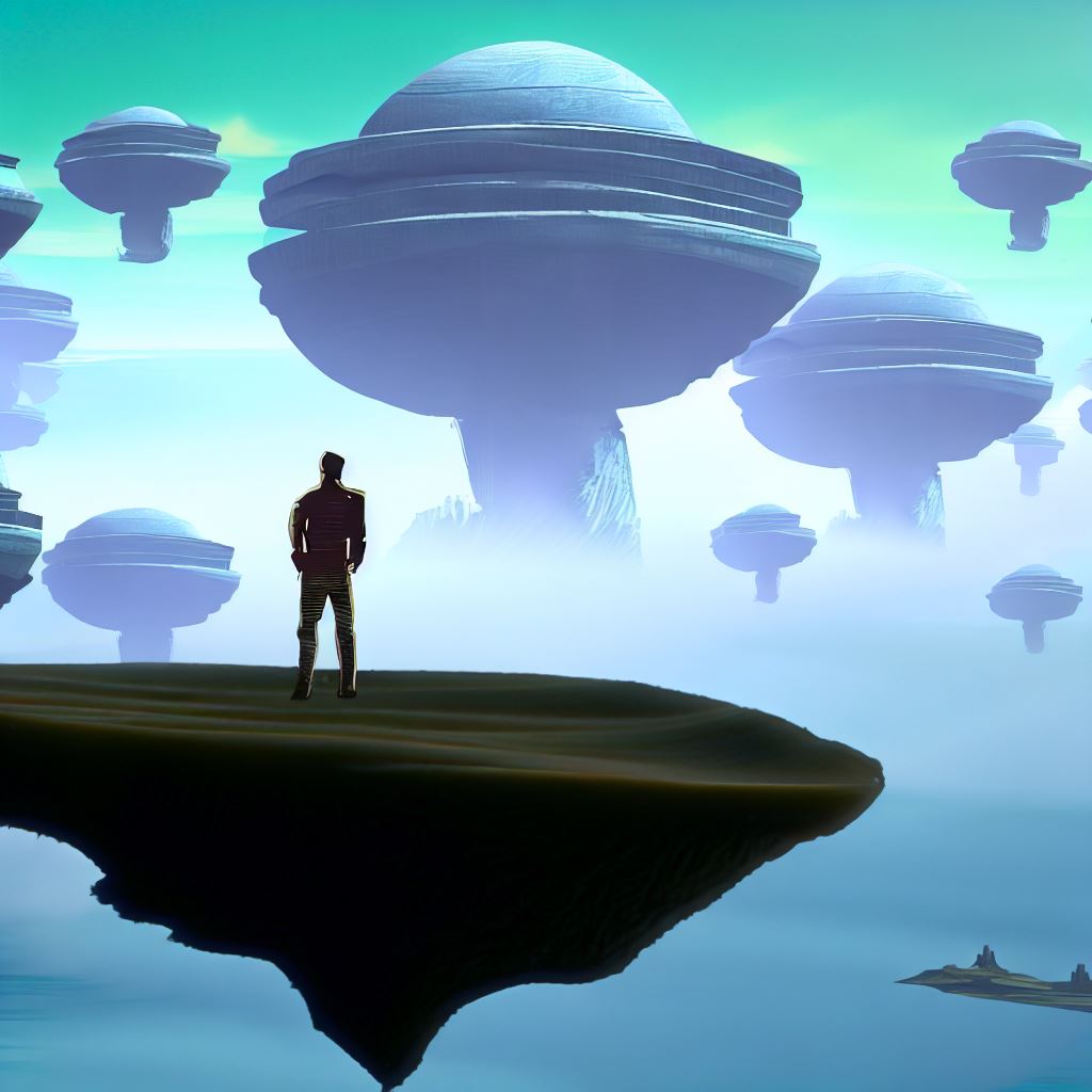 Create a surreal virtual reality scene with floating islands and a cityscape in the background.