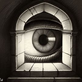 Draw an image of a eye looking out of a castle window.. Image 2 of 4