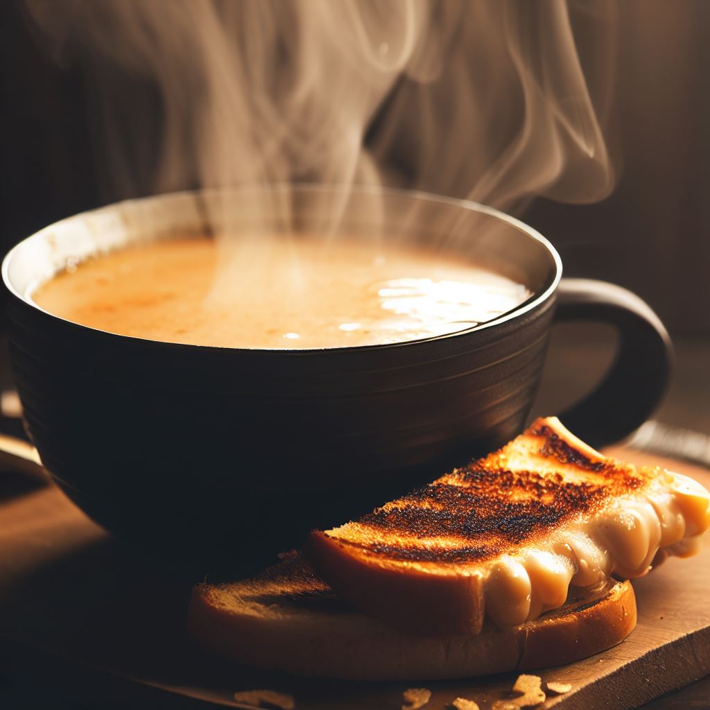 A steaming hot bowl of soup surrounded by a toasty grilled cheese sandwich.