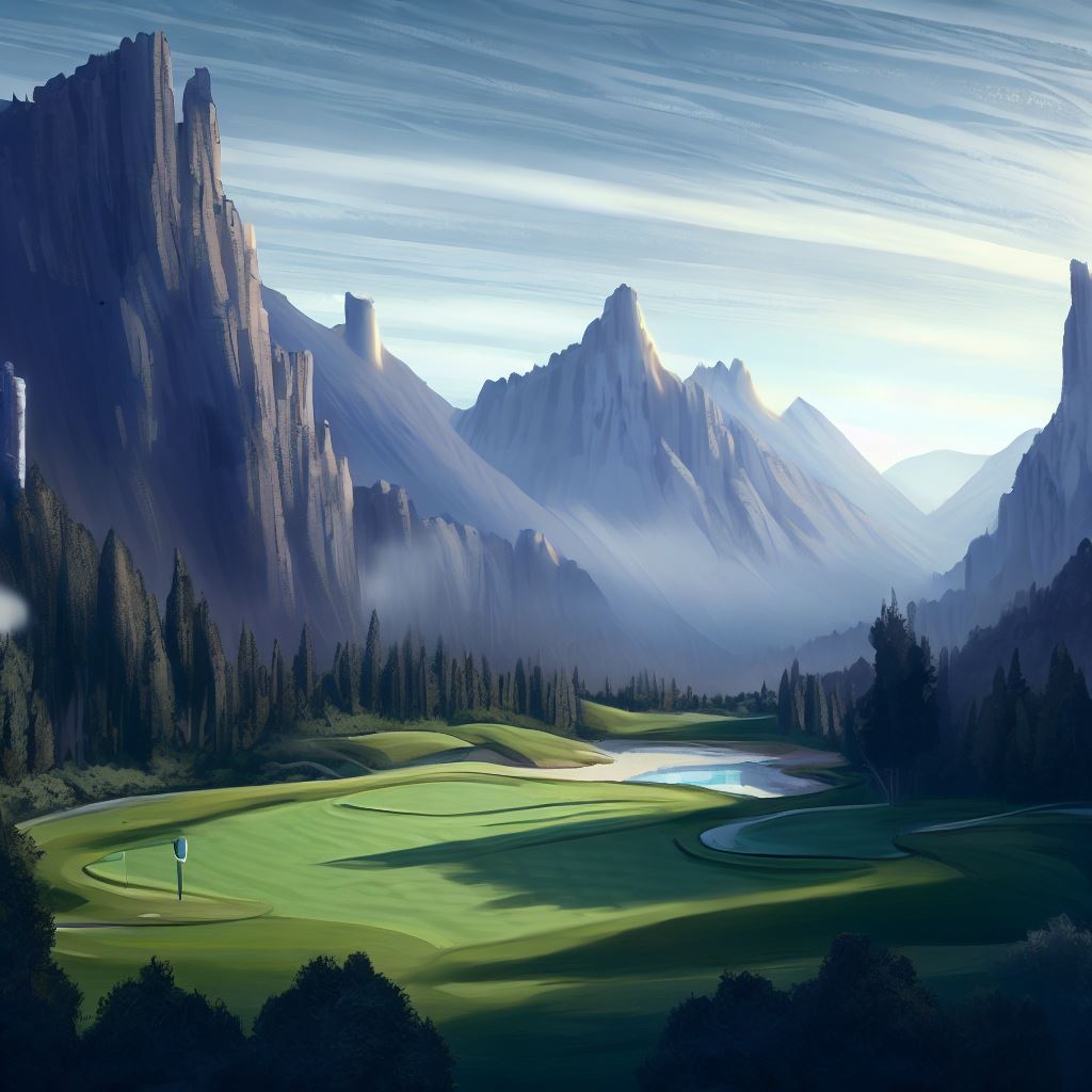 Draw a majestic golf course surrounded by towering mountain peaks.。第 2 个图像，共 4 个图像