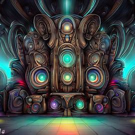 Draw a surreal and futuristic sound system, made up of grand, ornate speakers that light up with vivid colors.. Image 4 of 4
