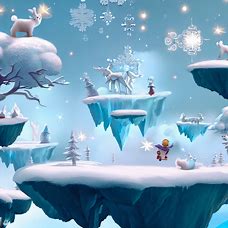 Design a surreal winter wonderland with floating islands, snowflakes, and magical creatures.